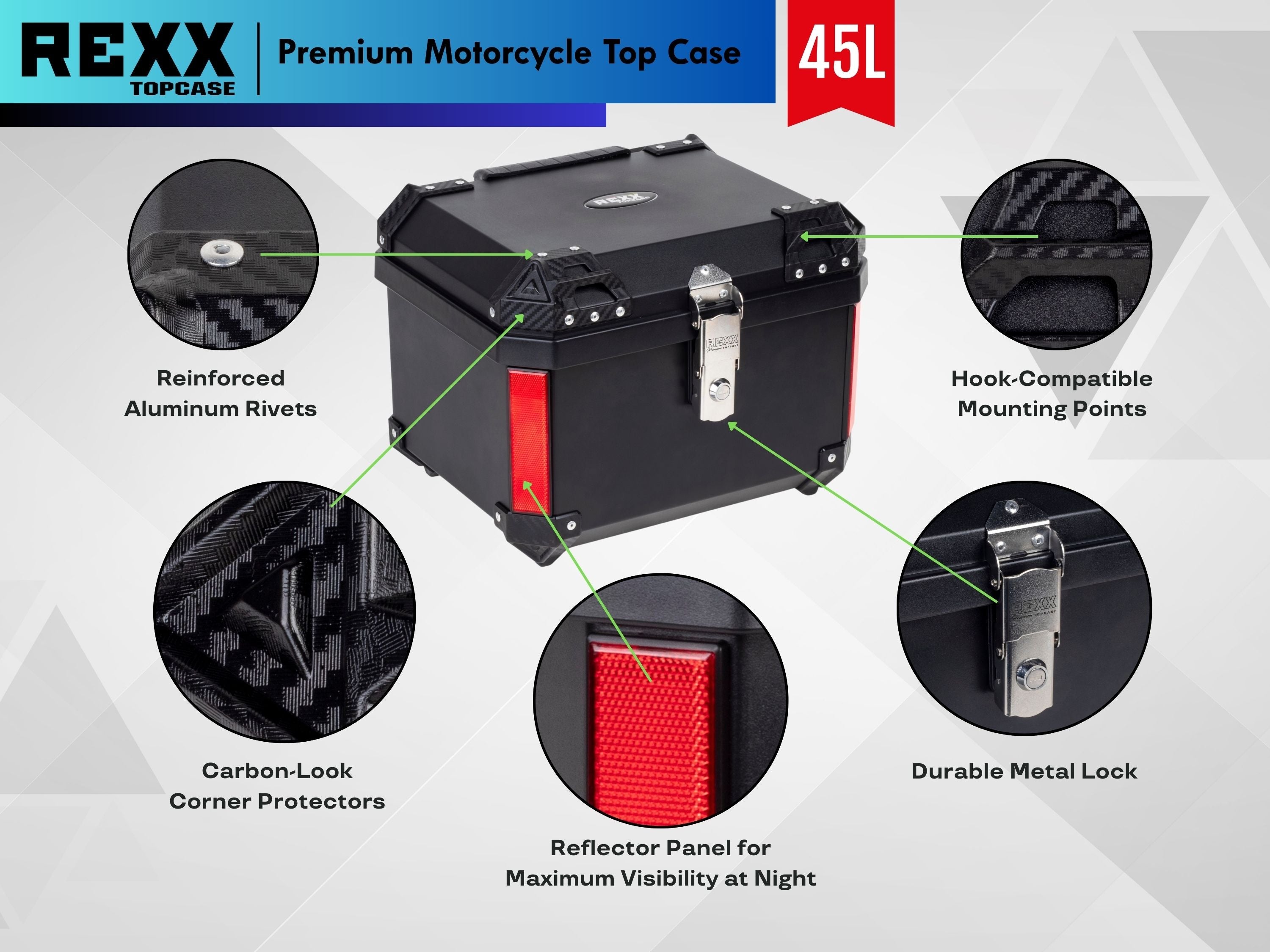 MPM Rexx Premium Motorcycle Top Case 45L – Universal ABS Reinforced Lockable Luggage Box