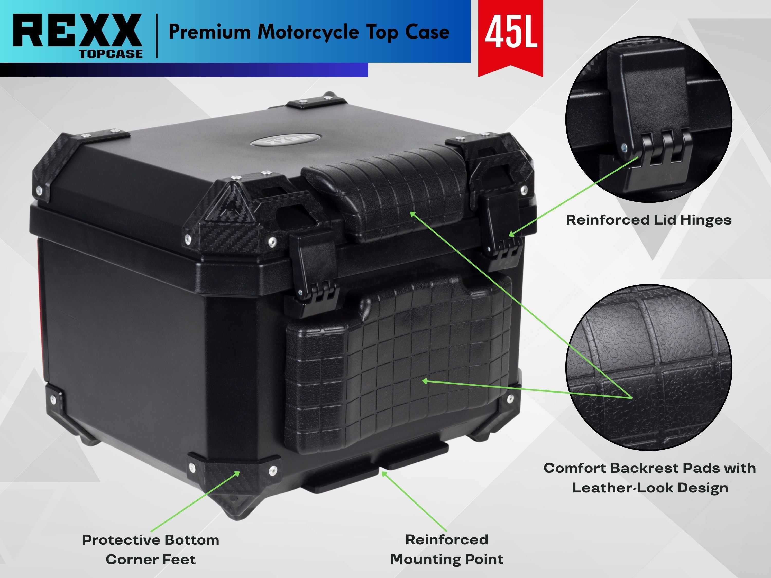 MPM Rexx Premium Motorcycle Top Case 45L – Universal ABS Reinforced Lockable Luggage Box
