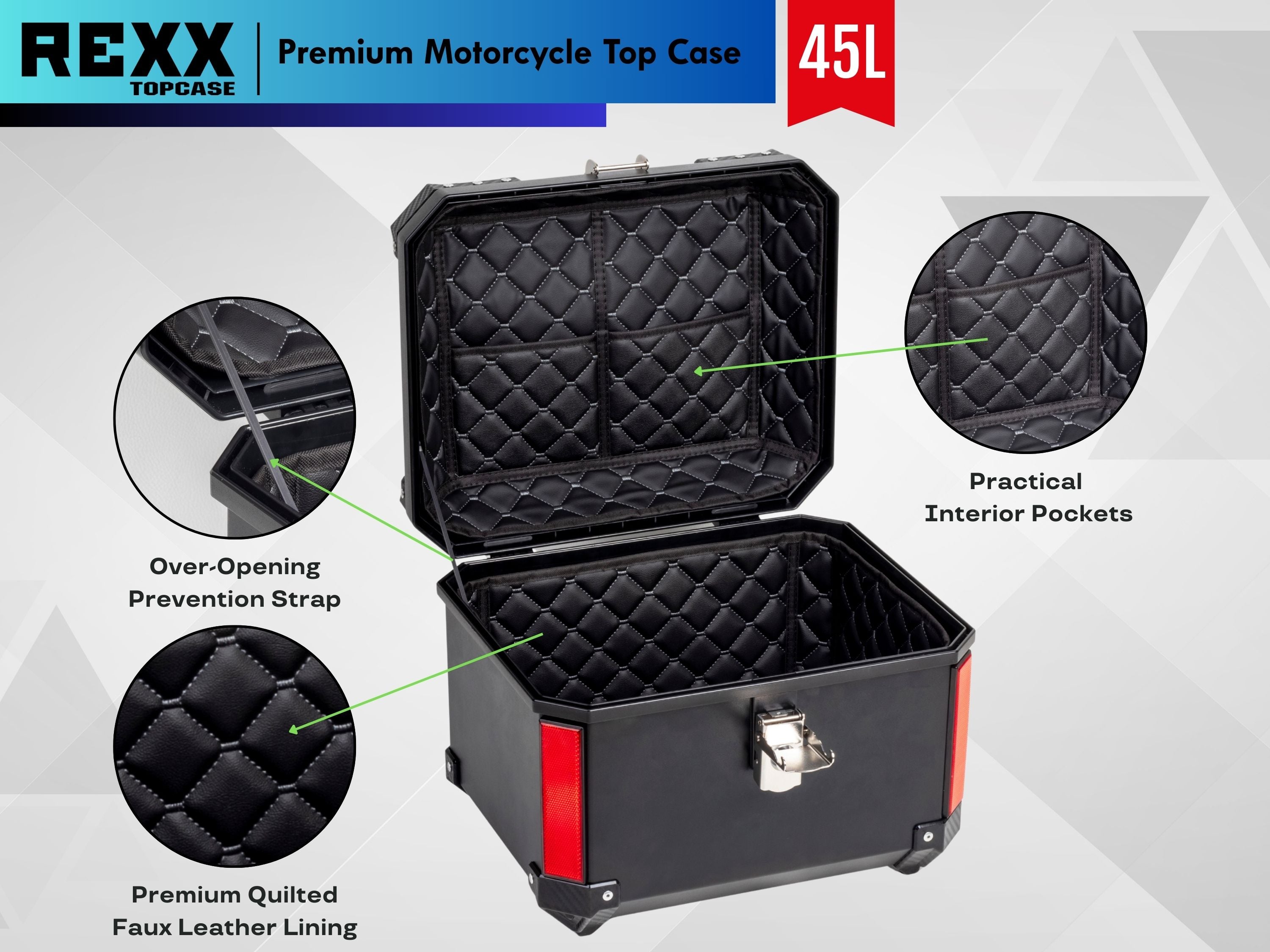 MPM Rexx Premium Motorcycle Top Case 45L – Universal ABS Reinforced Lockable Luggage Box