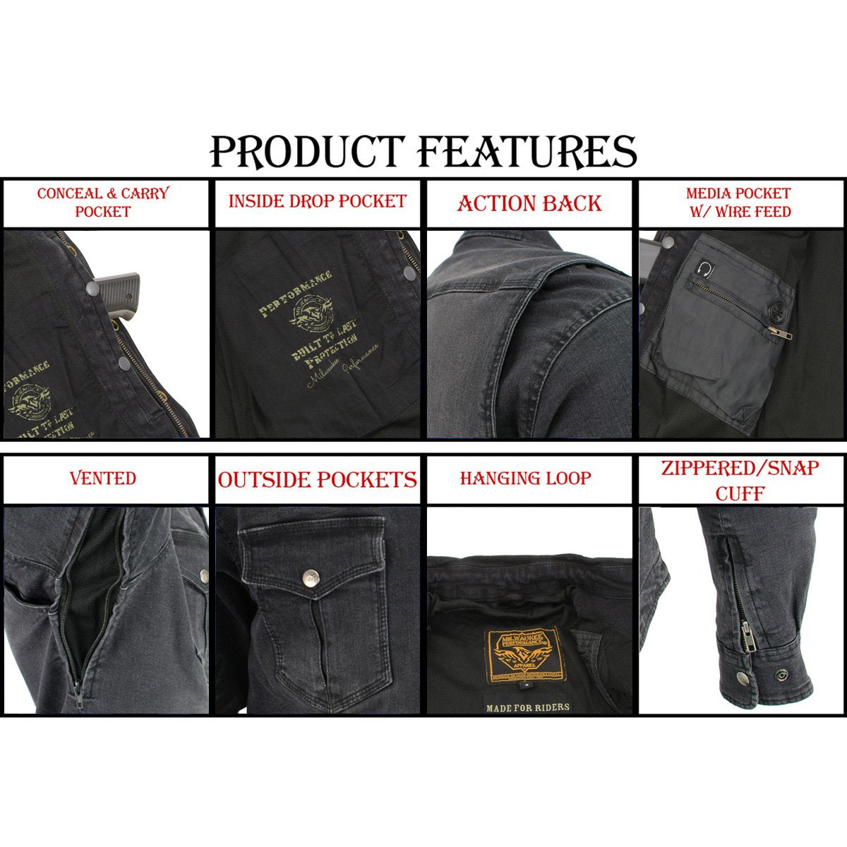 MPM1620 Men's Black Flannel Biker Shirt w/ CE Approved Armor - Reinforced w/ Aramid Fibers