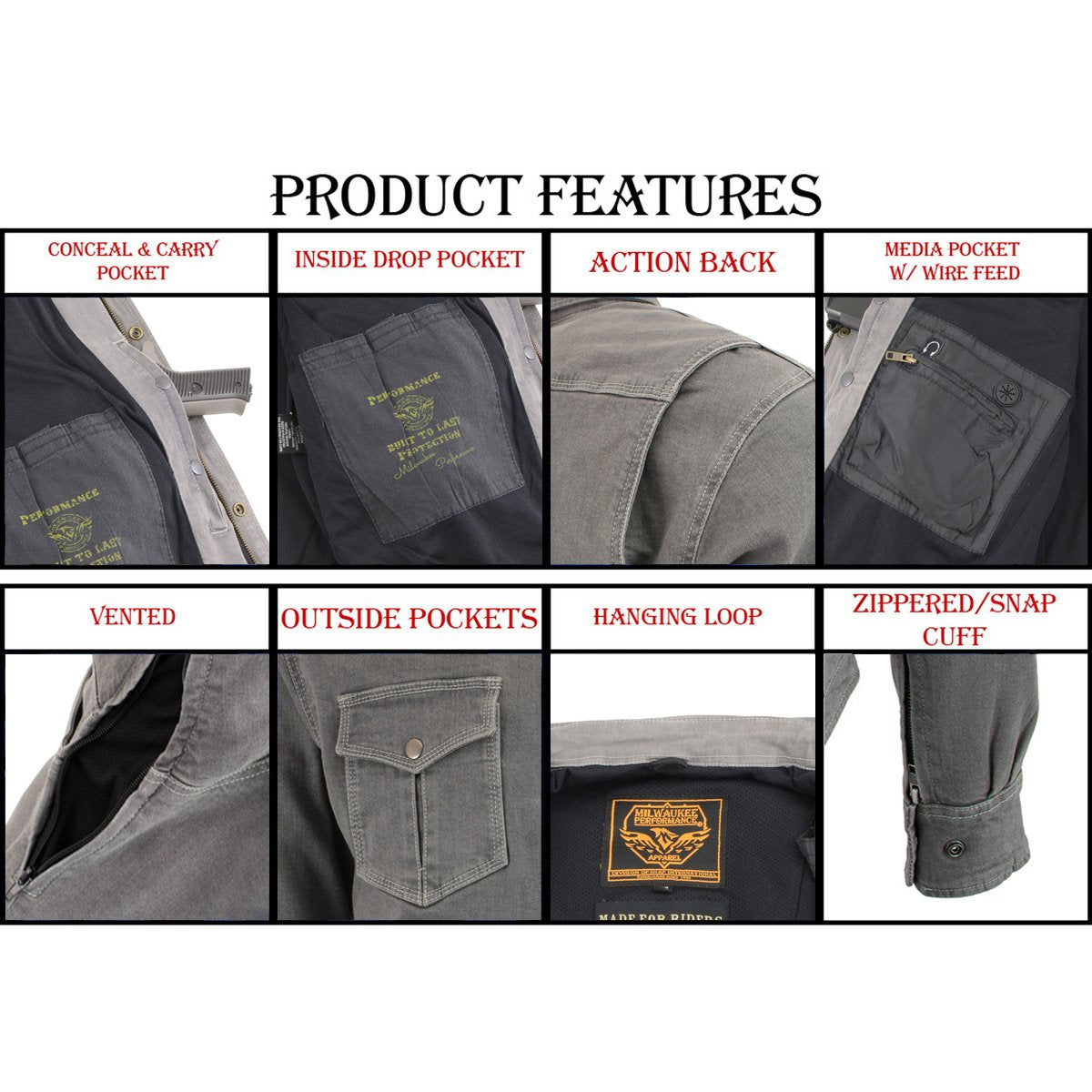 MPM1621 Men's Grey CE Armored Long Sleeve Motorcycle Riders Shirt w/ Reinforced w/ Aramid Fibers