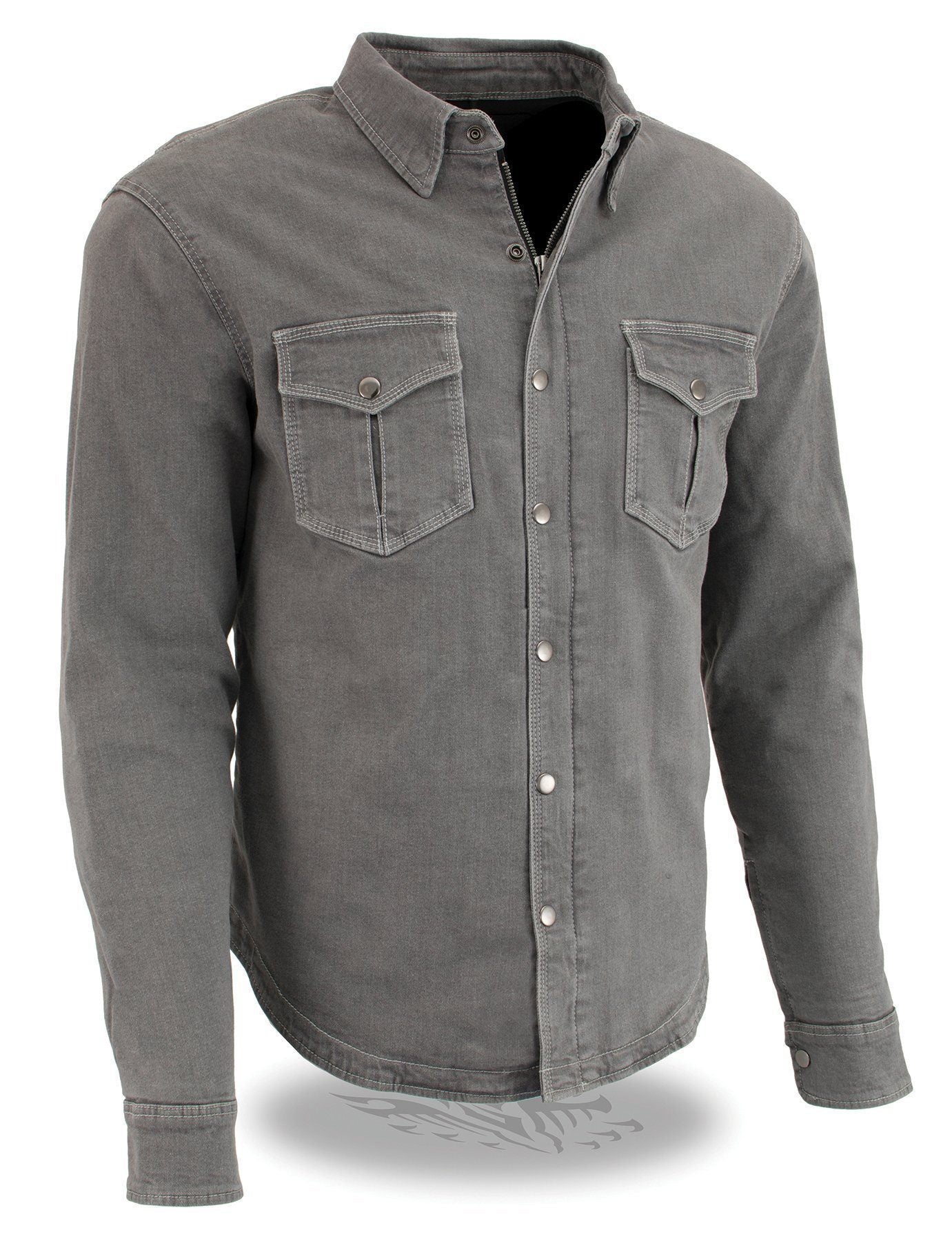 MPM1621 Men's Grey CE Armored Long Sleeve Motorcycle Riders Shirt w/ Reinforced w/ Aramid Fibers