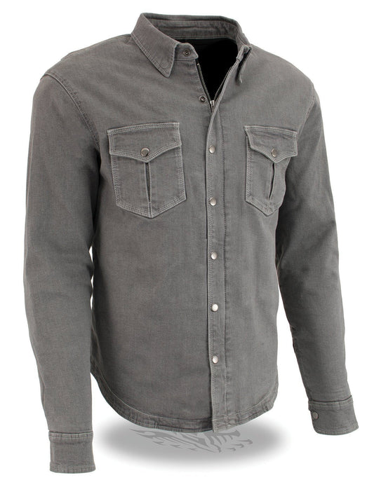 MPM1621 Men's Grey CE Armored Long Sleeve Motorcycle Riders Shirt w/ Reinforced w/ Aramid Fibers