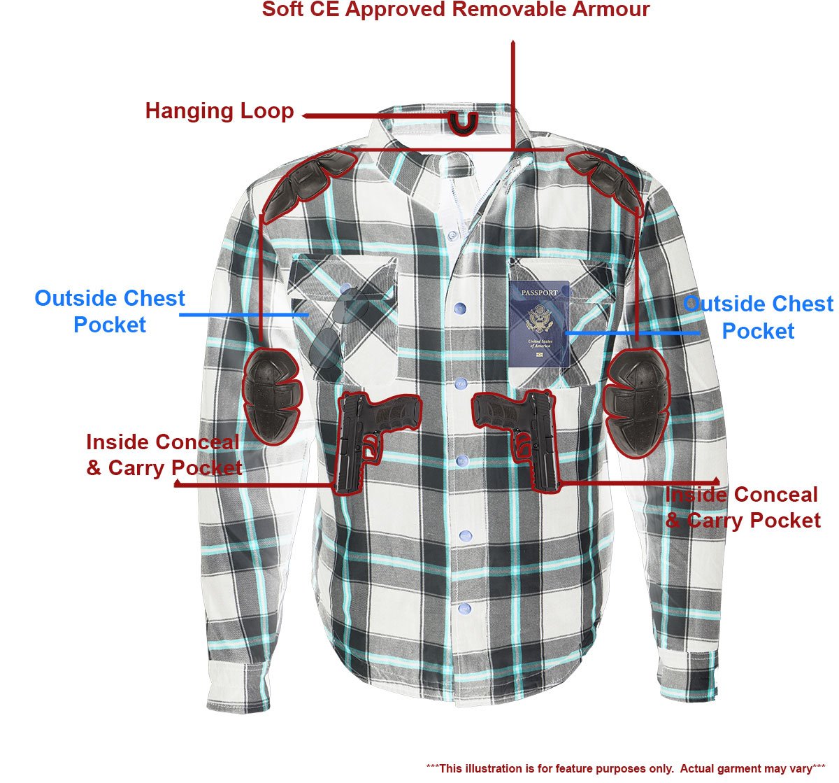 MPM1625 Men's Plaid Flannel Biker Shirt with CE Approved Armor - Reinforced w/ Aramid Fibers