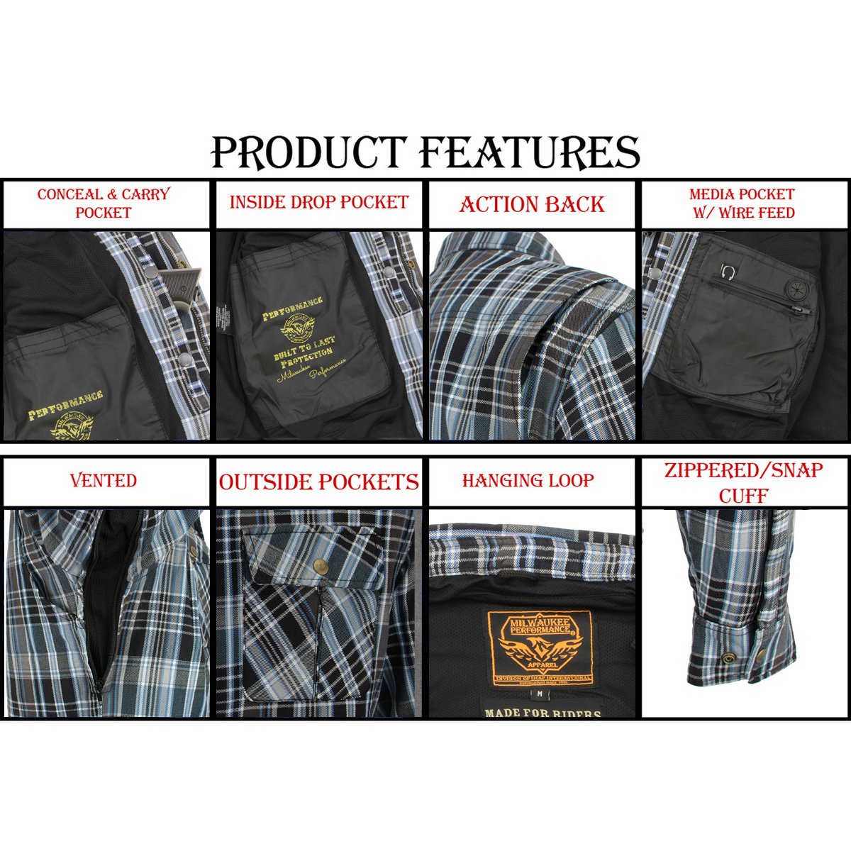 MPM1626 Men's Plaid Flannel Biker Shirt with CE Approved Armor - Reinforced w/ Aramid Fiber