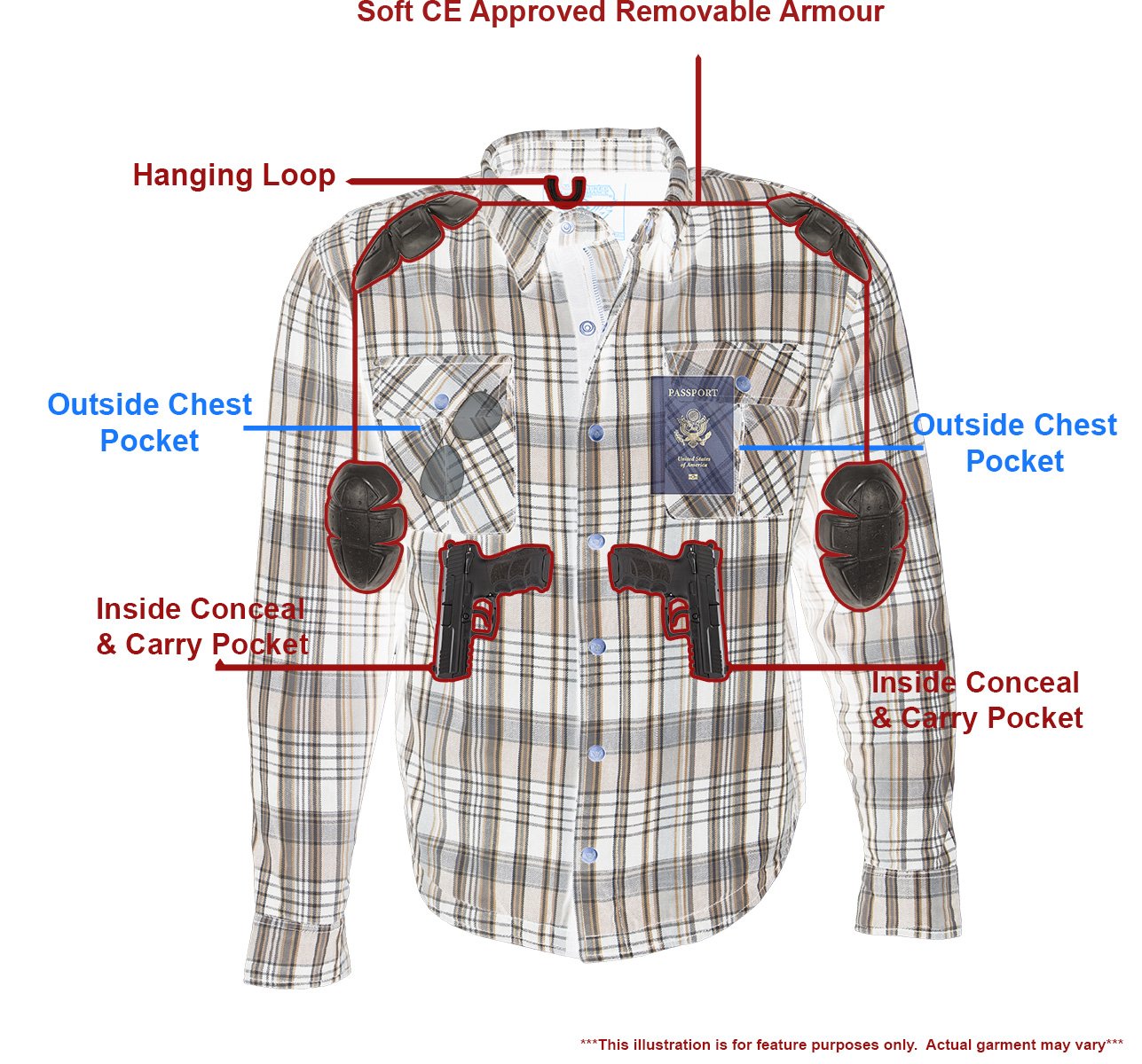 MPM1626 Men's Plaid Flannel Biker Shirt with CE Approved Armor - Reinforced w/ Aramid Fiber