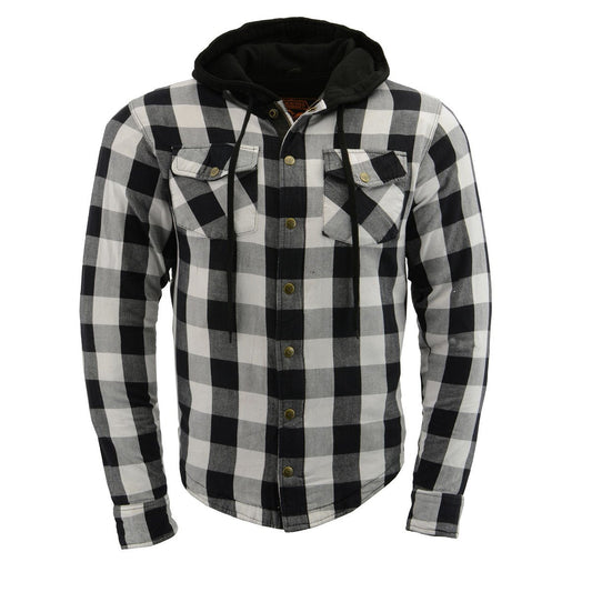 MPM1629 Men's Plaid Hooded Flannel Biker Shirt with CE Approved Armor - Reinforced w/ Aramid Fibers