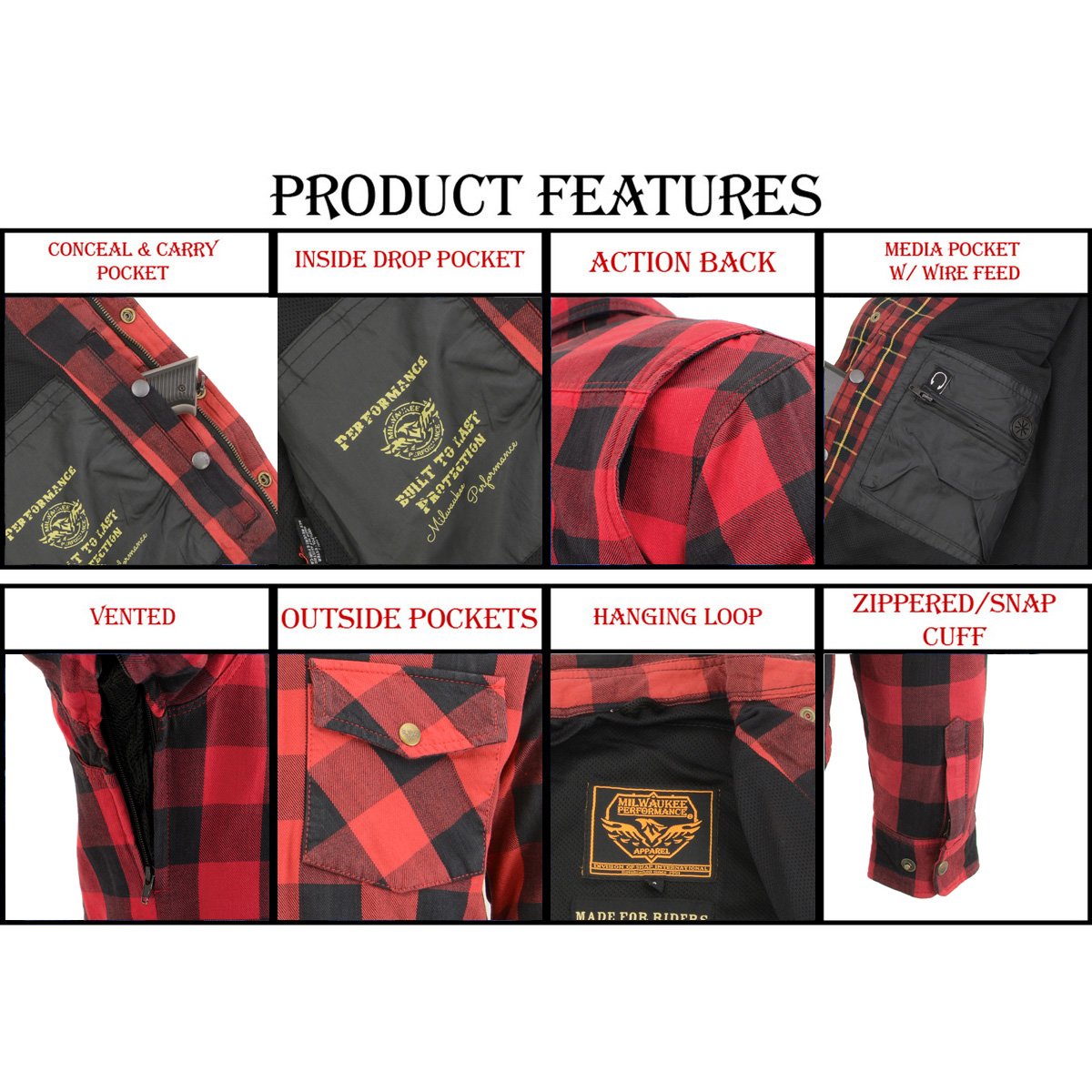 MPM1631 Men's Plaid Flannel Biker Shirt with CE Approved Armor - Reinforced w/ Aramid Fiber