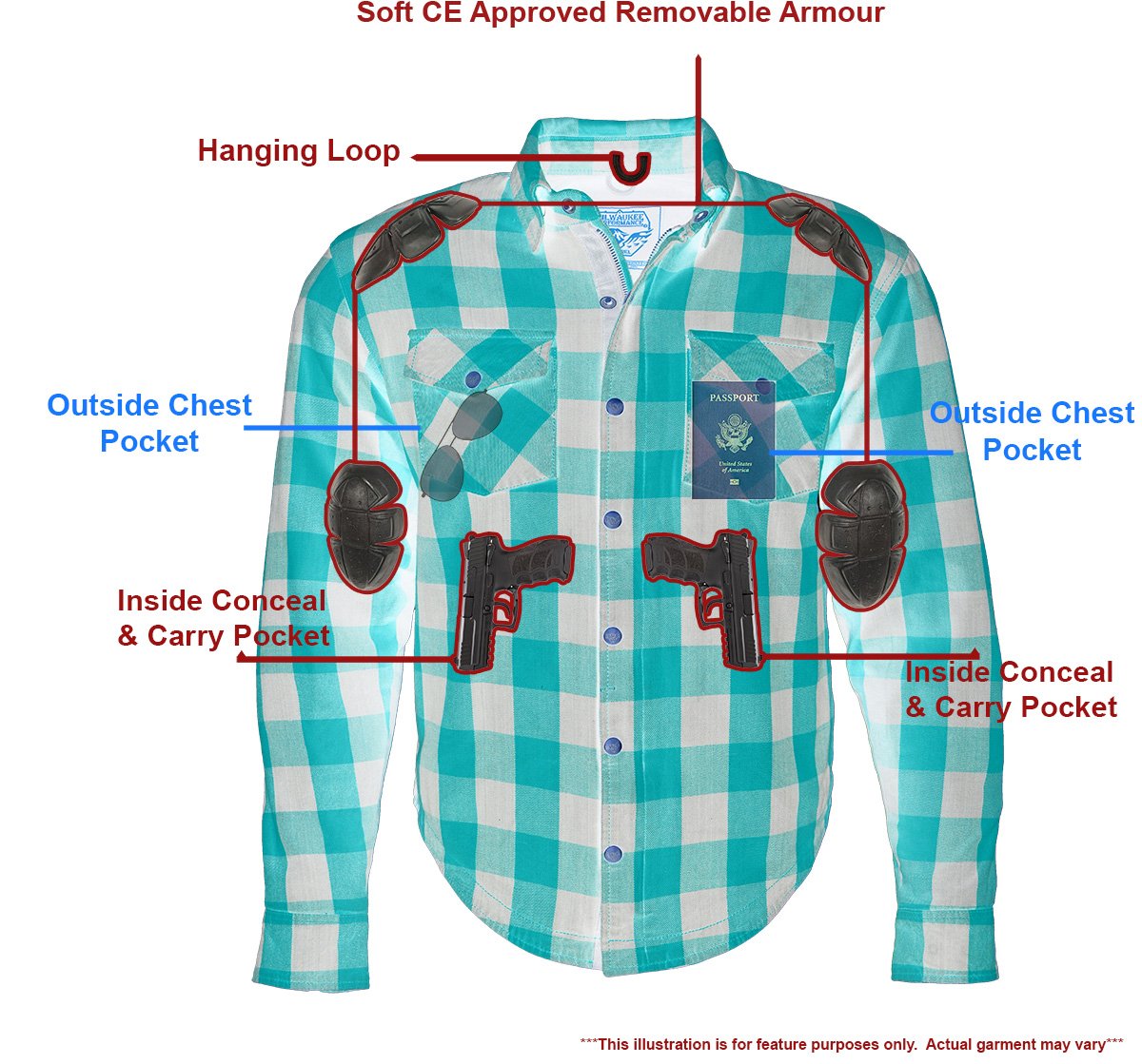 MPM1631 Men's Plaid Flannel Biker Shirt with CE Approved Armor - Reinforced w/ Aramid Fiber