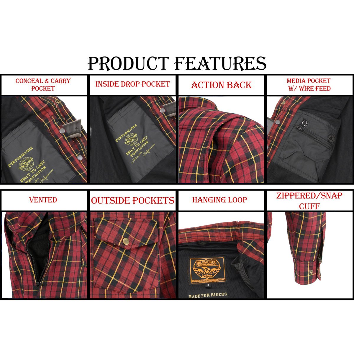 MPM1632 Men's Plaid Flannel Biker Shirt with CE Approved Armor - Reinforced w/ Aramid Fiber