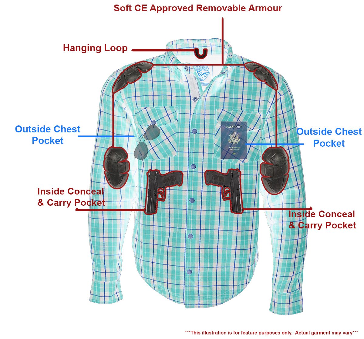 MPM1632 Men's Plaid Flannel Biker Shirt with CE Approved Armor - Reinforced w/ Aramid Fiber