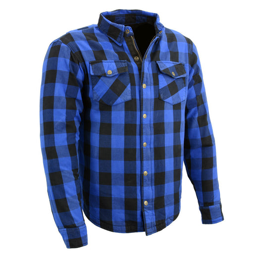 Men's Plaid Flannel Blue Biker Shirt with CE Approved Armor Reinforced w/Aramid Fiber MPM1634