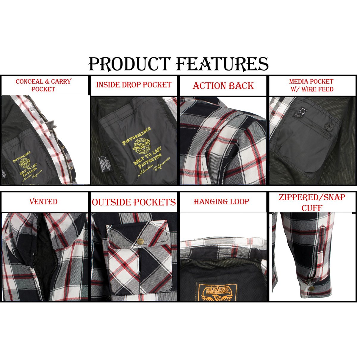 MPM1635 Men's Plaid Flannel Biker Shirt with CE Approved Armor - Reinforced w/ Aramid Fiber