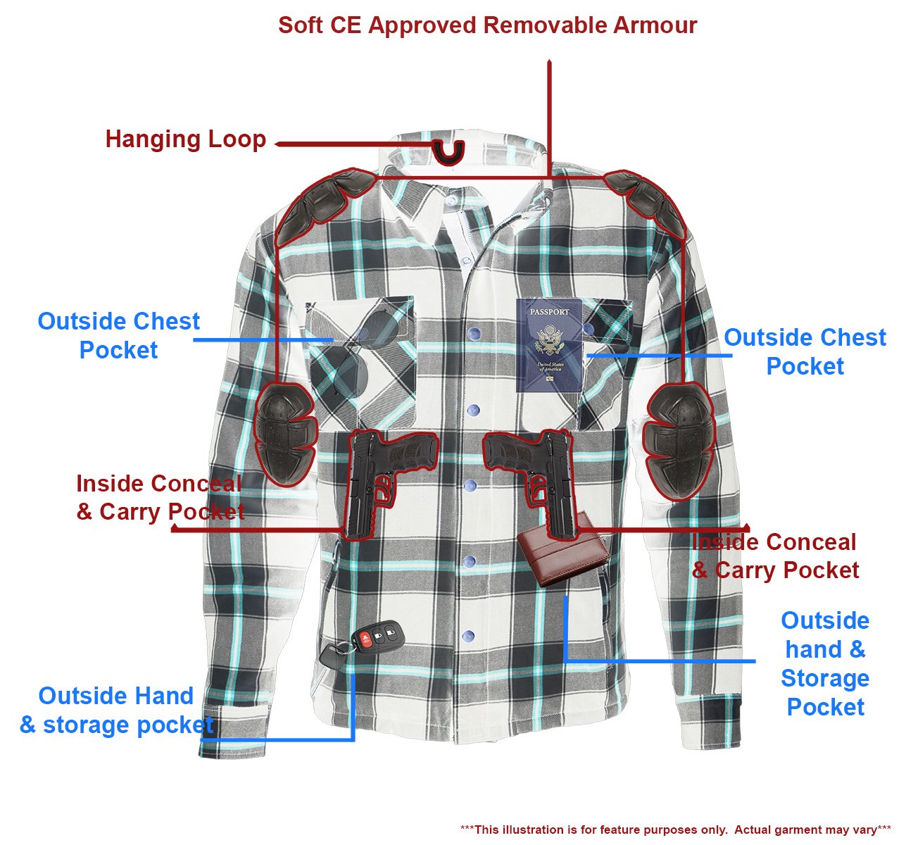 MPM1635 Men's Plaid Flannel Biker Shirt with CE Approved Armor - Reinforced w/ Aramid Fiber