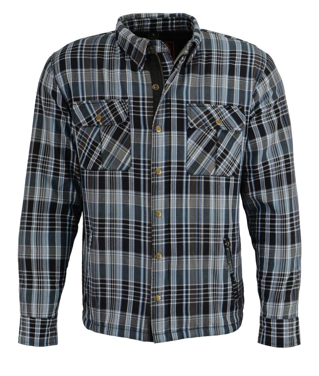 MPM1636 Men's Long Sleeve Flannel Biker Shirt w/ CE Approved Armor - Reinforced w/ Aramid Fiber