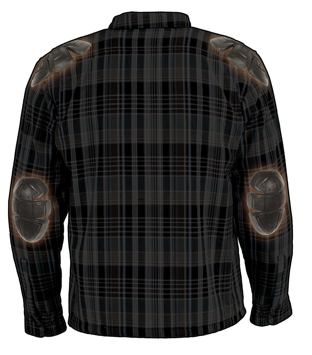 MPM1636 Men's Long Sleeve Flannel Biker Shirt w/ CE Approved Armor - Reinforced w/ Aramid Fiber