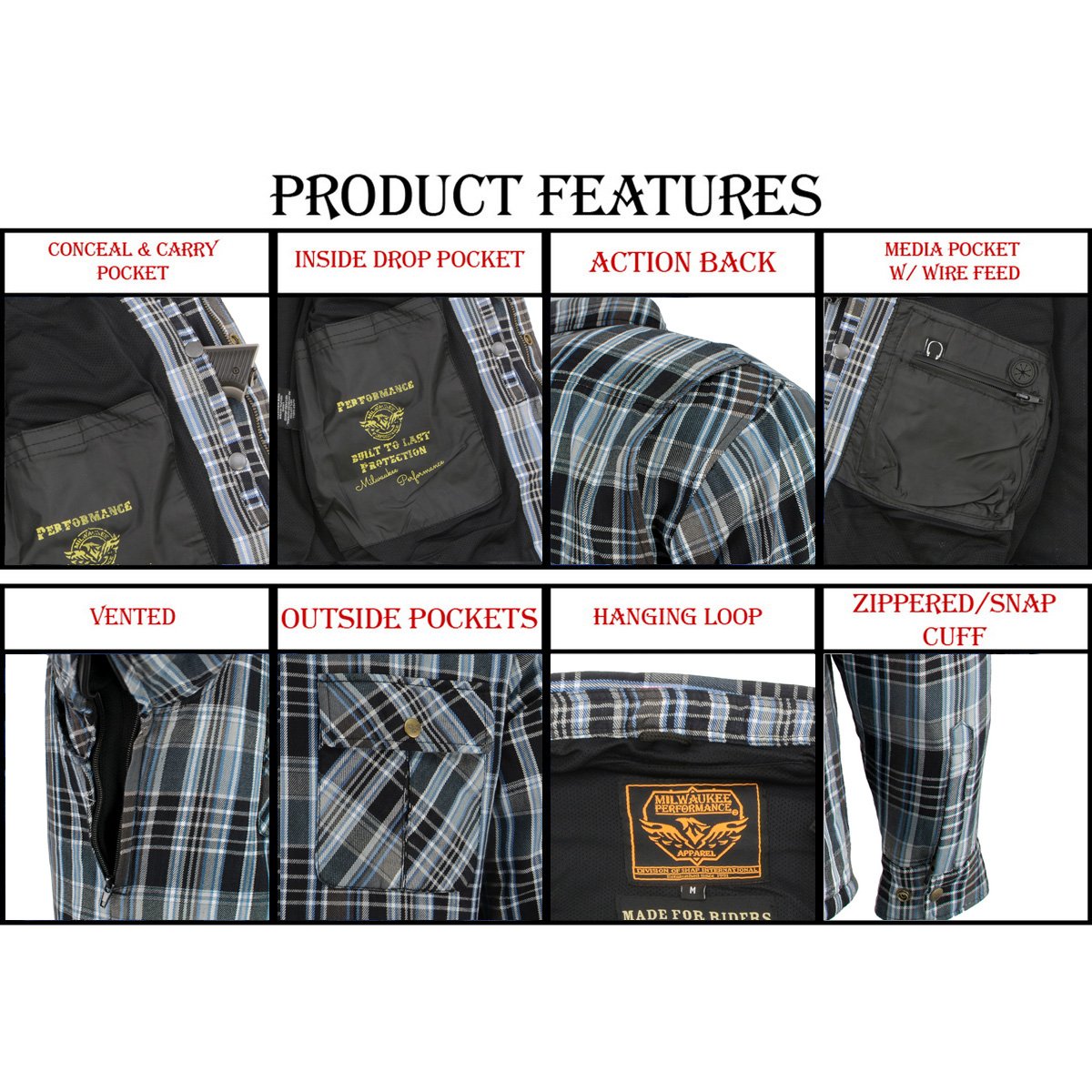 MPM1636 Men's Long Sleeve Flannel Biker Shirt w/ CE Approved Armor - Reinforced w/ Aramid Fiber