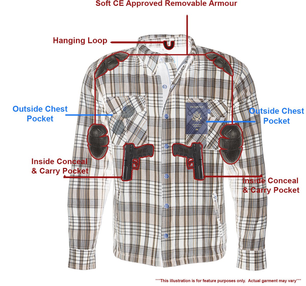 MPM1636 Men's Long Sleeve Flannel Biker Shirt w/ CE Approved Armor - Reinforced w/ Aramid Fiber