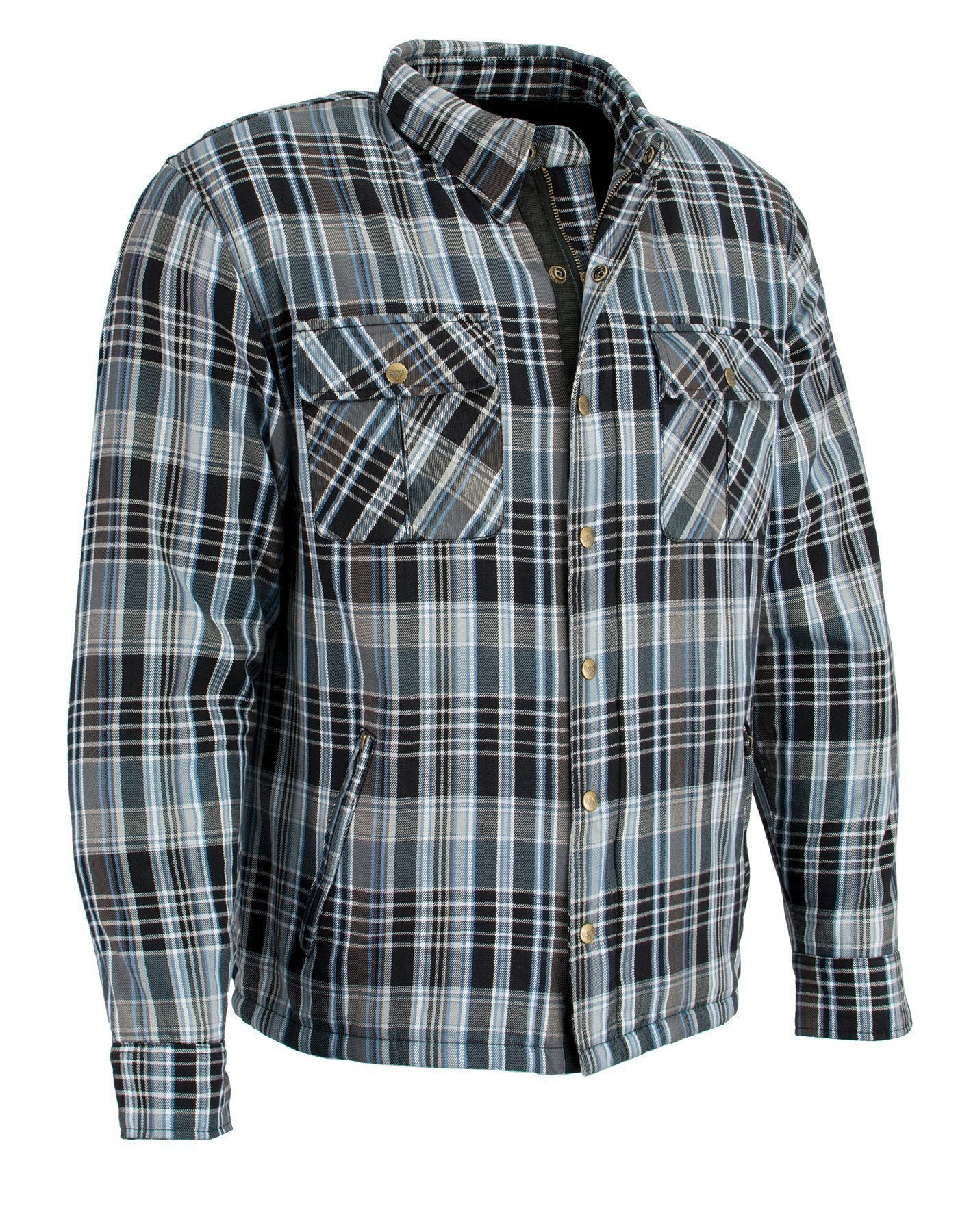 MPM1636 Men's Long Sleeve Flannel Biker Shirt w/ CE Approved Armor - Reinforced w/ Aramid Fiber