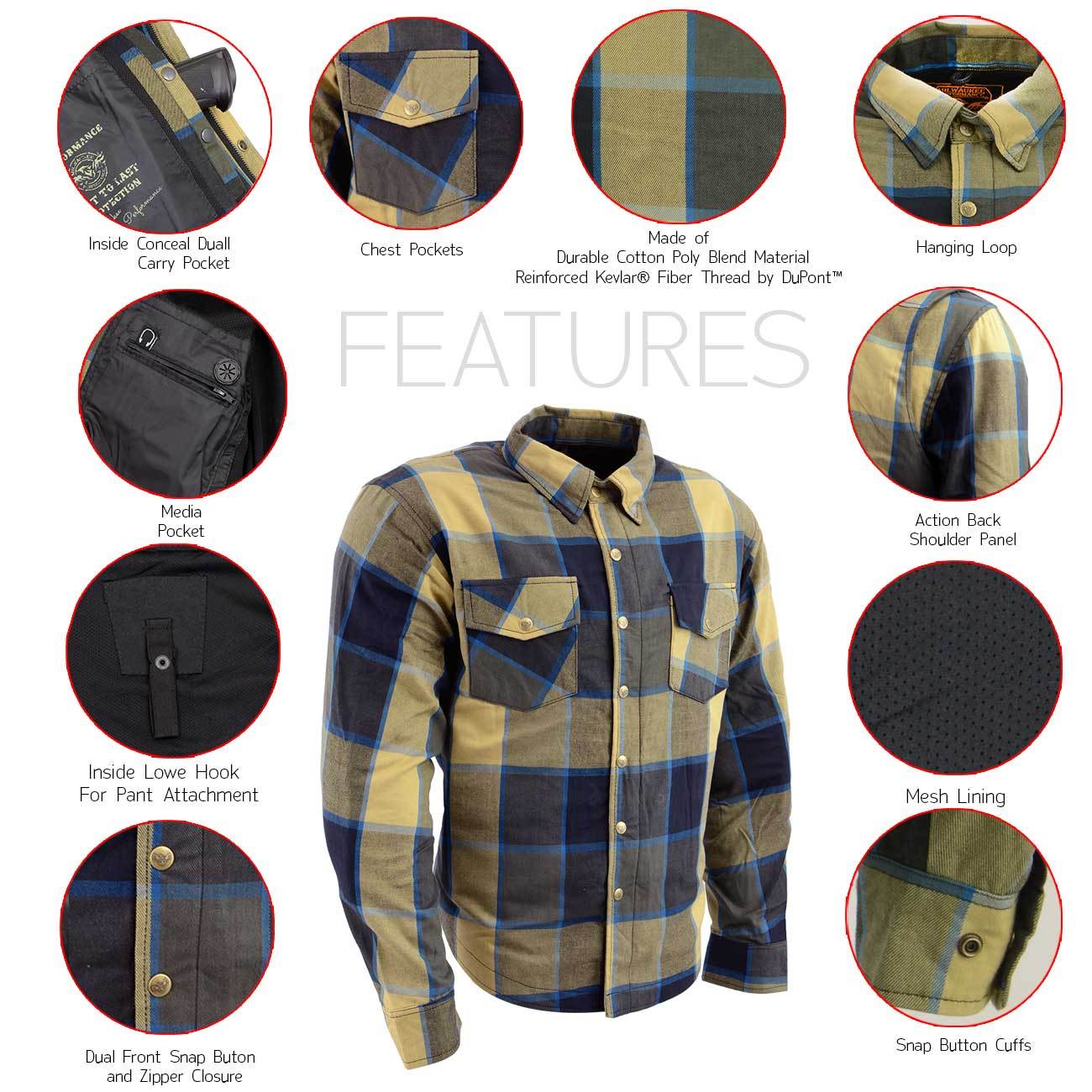 MPM1639 Men's Plaid Flannel Biker Shirt with CE Approved Armor - Reinforced w/ Aramid Fibers