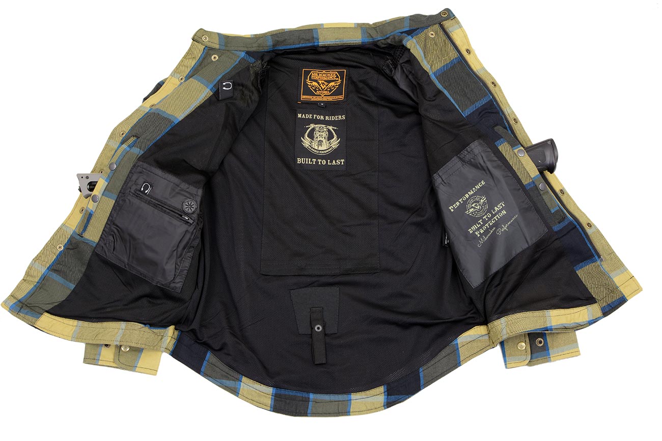 MPM1639 Men's Plaid Flannel Biker Shirt with CE Approved Armor - Reinforced w/ Aramid Fibers