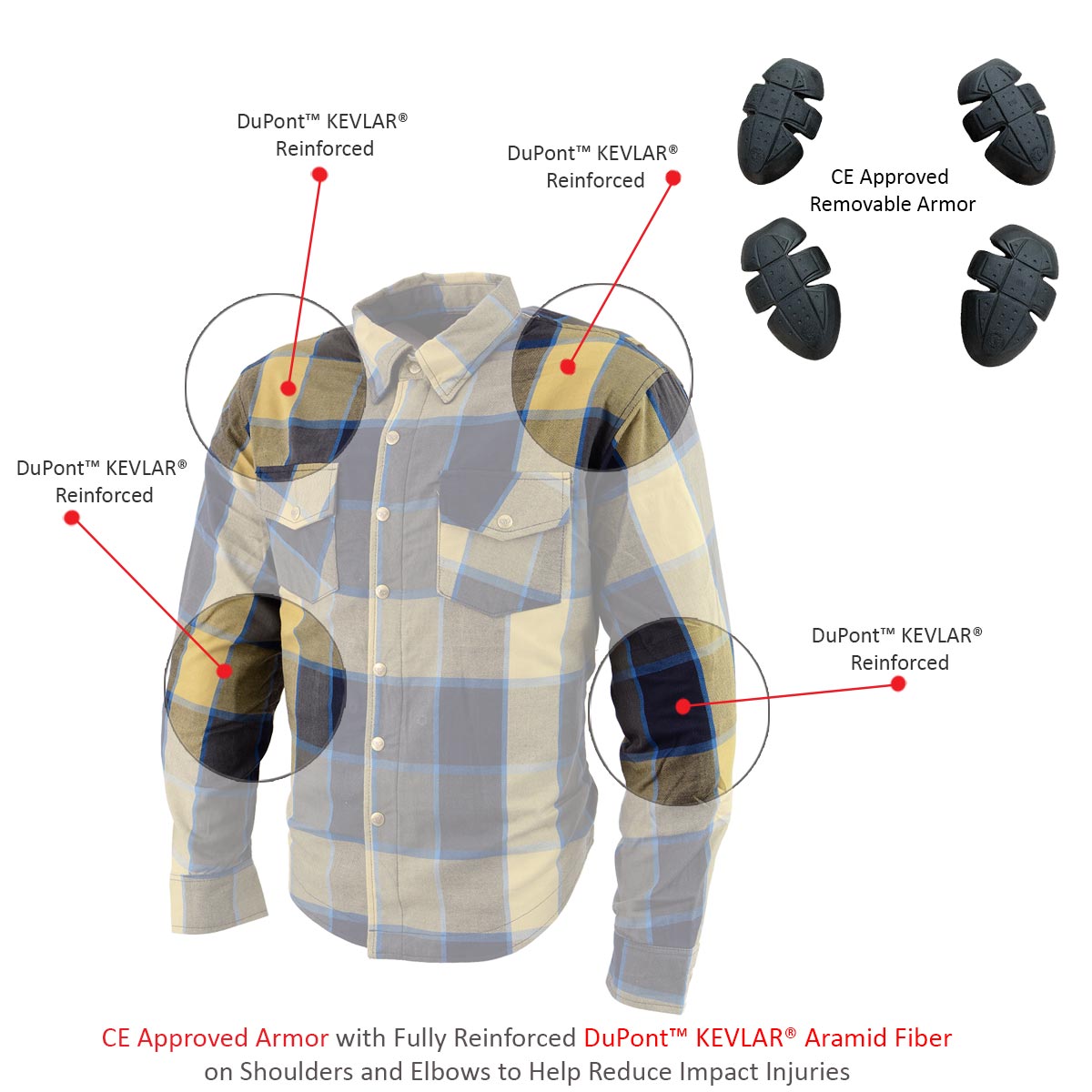 MPM1639 Men's Plaid Flannel Biker Shirt with CE Approved Armor - Reinforced w/ Aramid Fibers