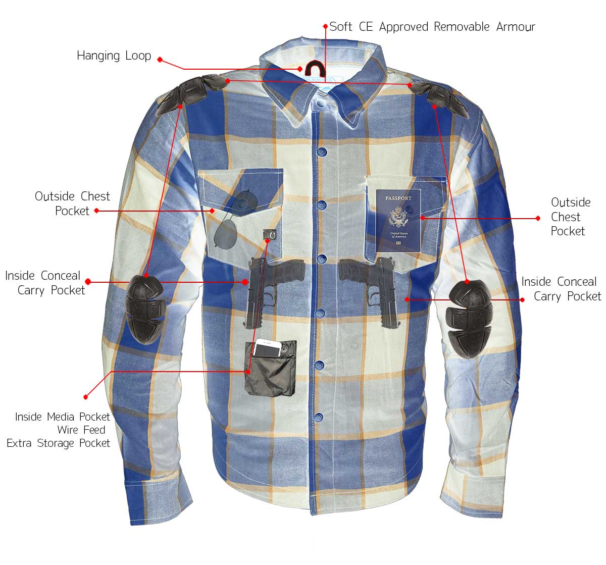 MPM1639 Men's Plaid Flannel Biker Shirt with CE Approved Armor - Reinforced w/ Aramid Fibers