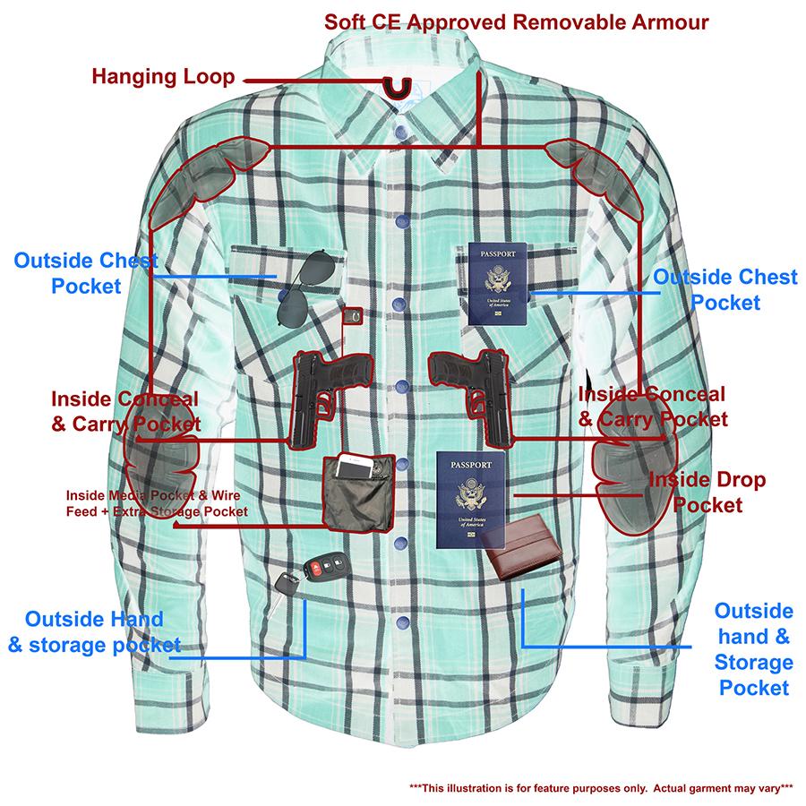 MPM1640 Men's Plaid Flannel Biker Shirt with CE Approved Armor - Reinforced w/ Aramid Fiber