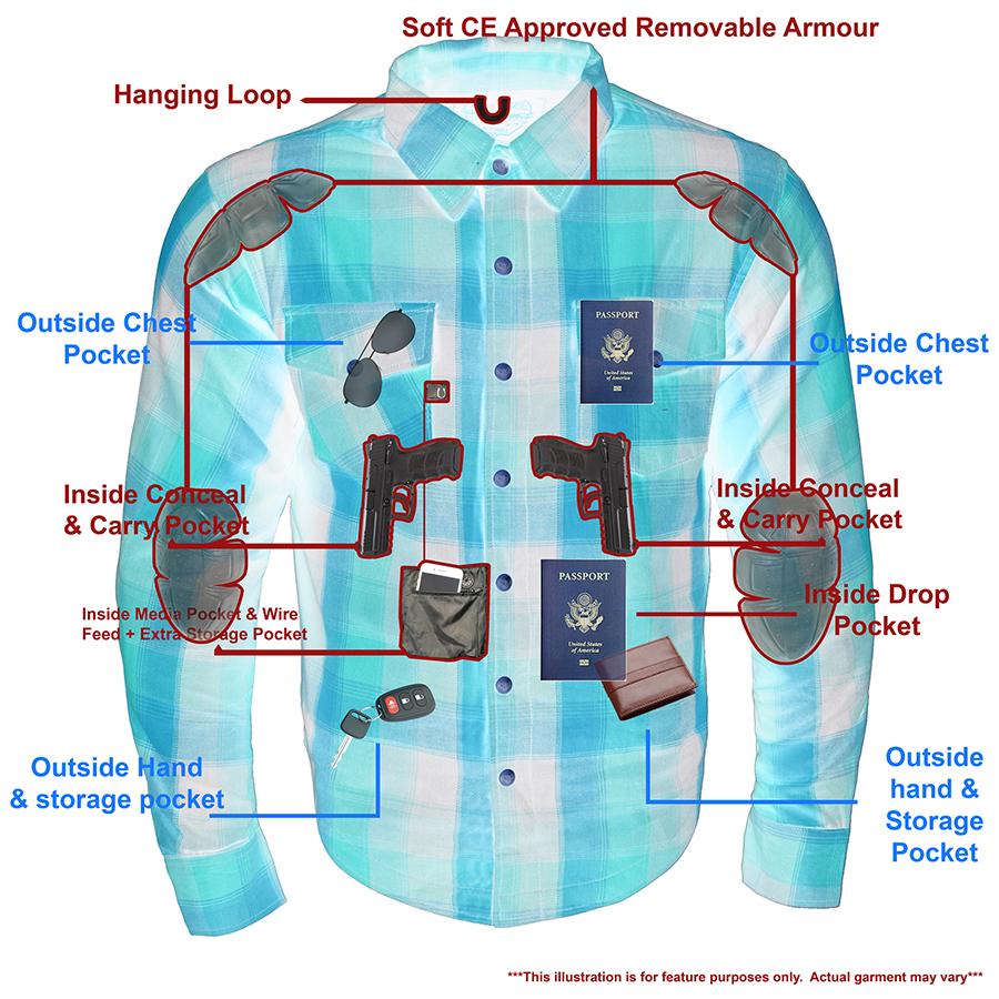 MPM1641 Men's Plaid Flannel Biker Shirt with CE Approved Armor - Reinforced w/ Aramid Fiber