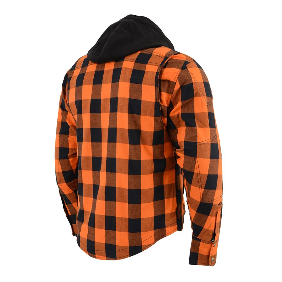 MPM1642 Men's Plaid Hooded Flannel Biker Shirt with CE Approved Armor - Reinforced w/ Aramid Fibers