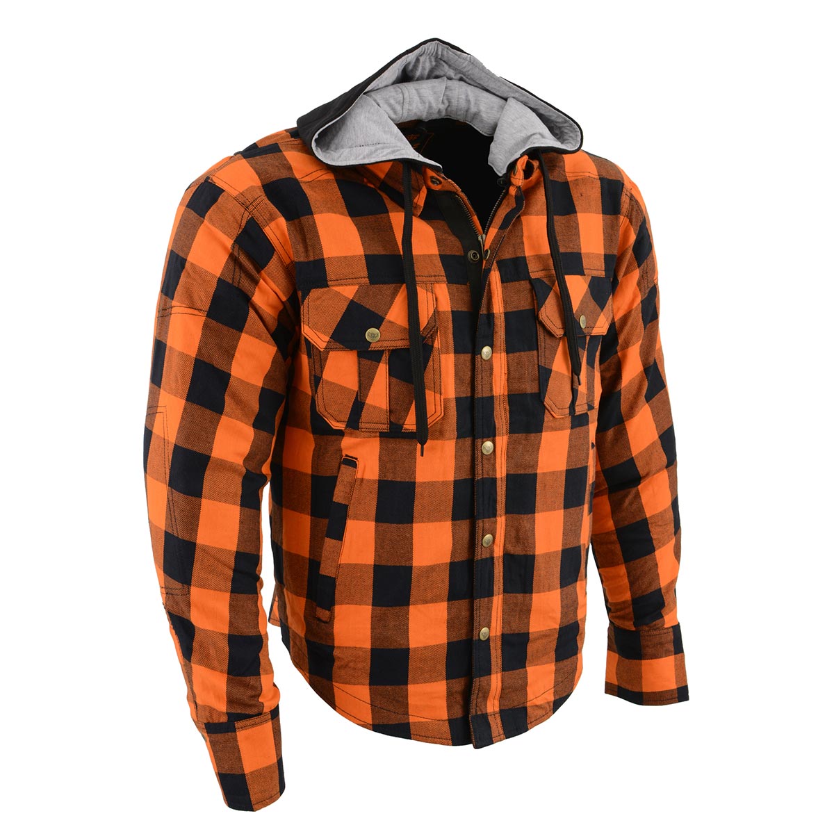 MPM1642 Men's Plaid Hooded Flannel Biker Shirt with CE Approved Armor - Reinforced w/ Aramid Fibers