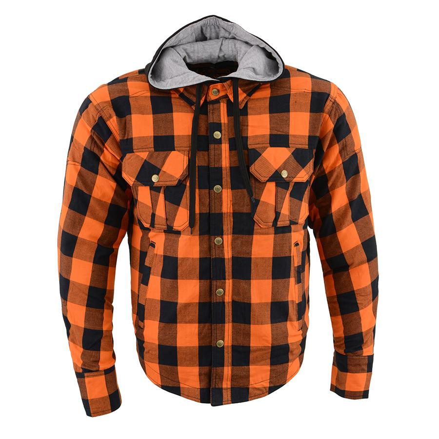 MPM1642 Men's Plaid Hooded Flannel Biker Shirt with CE Approved Armor - Reinforced w/ Aramid Fibers