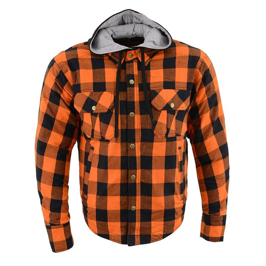 MPM1642 Men's Plaid Hooded Flannel Biker Shirt with CE Approved Armor - Reinforced w/ Aramid Fibers