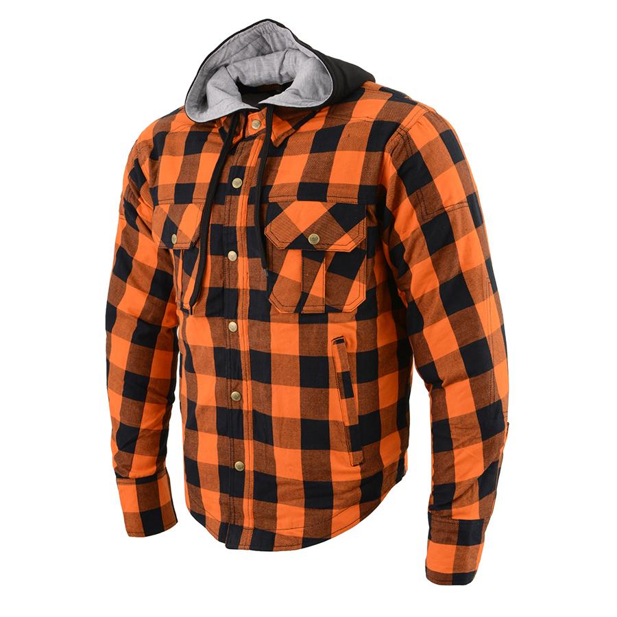 MPM1642 Men's Plaid Hooded Flannel Biker Shirt with CE Approved Armor - Reinforced w/ Aramid Fibers