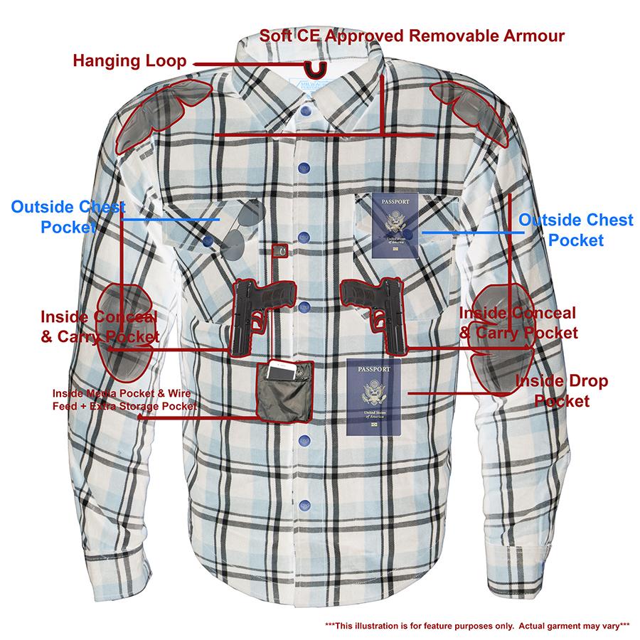 MPM1643 Men's Plaid Flannel Biker Shirt with CE Approved Armor - Reinforced w/ Aramid Fiber