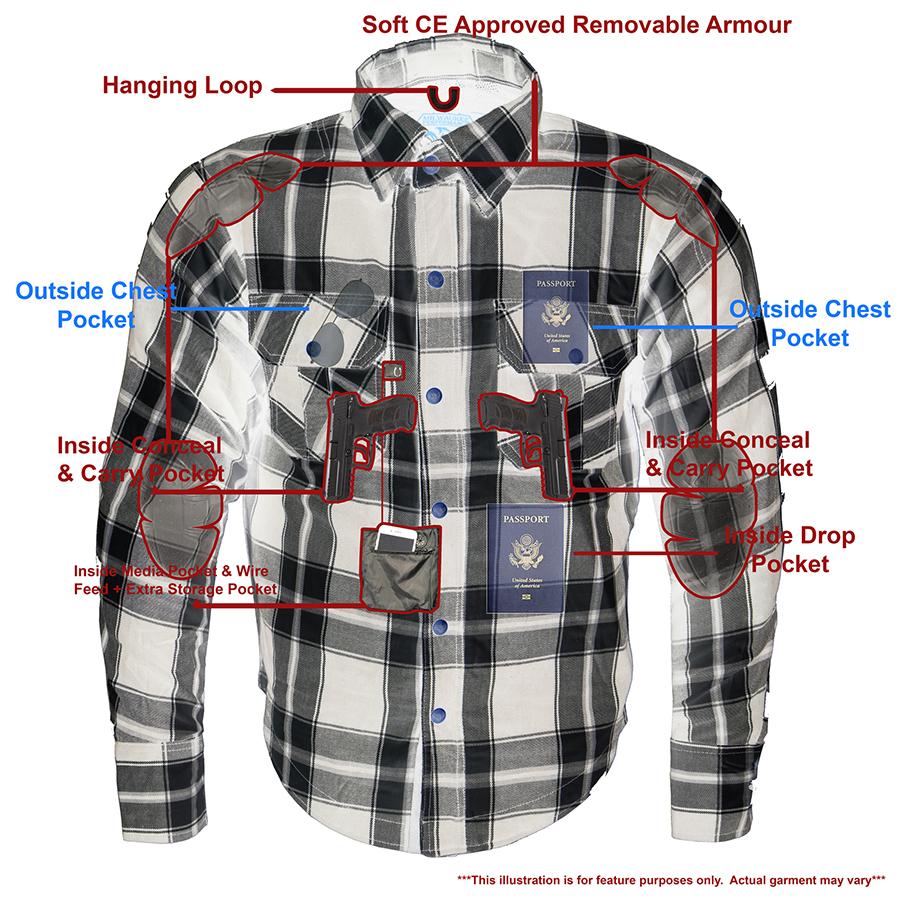 MPM1644 Men's Plaid Flannel Biker Shirt with CE Approved Armor - Reinforced w/ Aramid Fiber