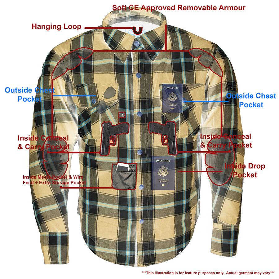 MPM1645 Men's Plaid Flannel Biker Shirt with CE Approved Armor - Reinforced w/ Aramid Fiber