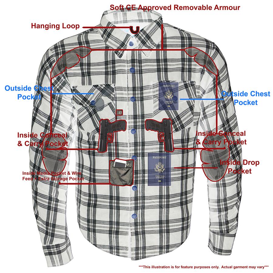 MPM1646 Men's Plaid Flannel Biker Shirt with CE Approved Armor - Reinforced w/ Aramid Fiber