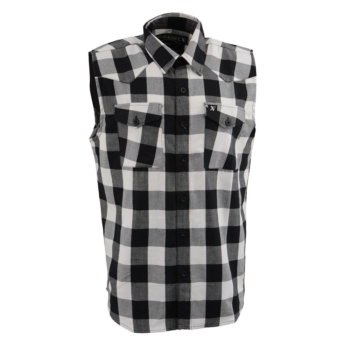 MPM1647 Men’s Classic Black and White Button-Down Flannel Cut Off Sleeveless Casual Shirt