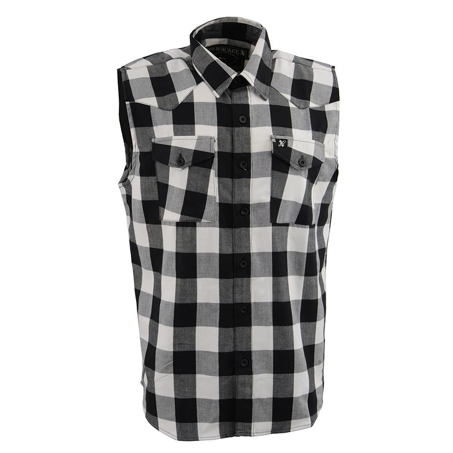 MPM1647 Men’s Classic Black and White Button-Down Flannel Cut Off Sleeveless Casual Shirt