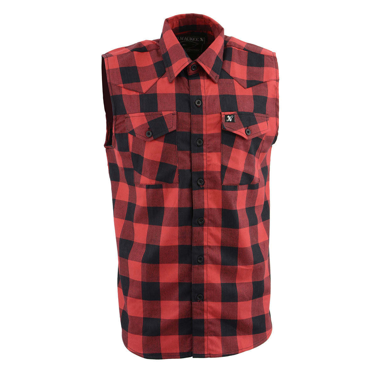 MPM1649 Men’s Classic Black and Red Button-Down Flannel Cut Off Sleeveless Casual Shirt