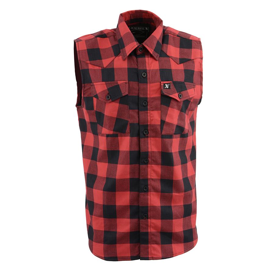 MPM1649 Men’s Classic Black and Red Button-Down Flannel Cut Off Sleeveless Casual Shirt