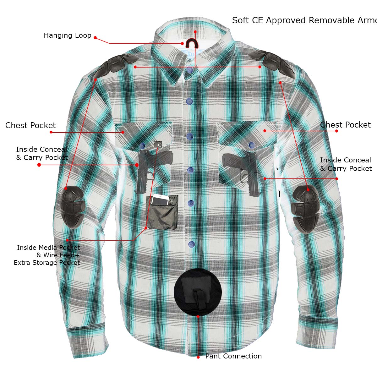 MPM1644 Men's Plaid Flannel Biker Shirt with CE Approved Armor - Reinforced w/ Aramid Fiber