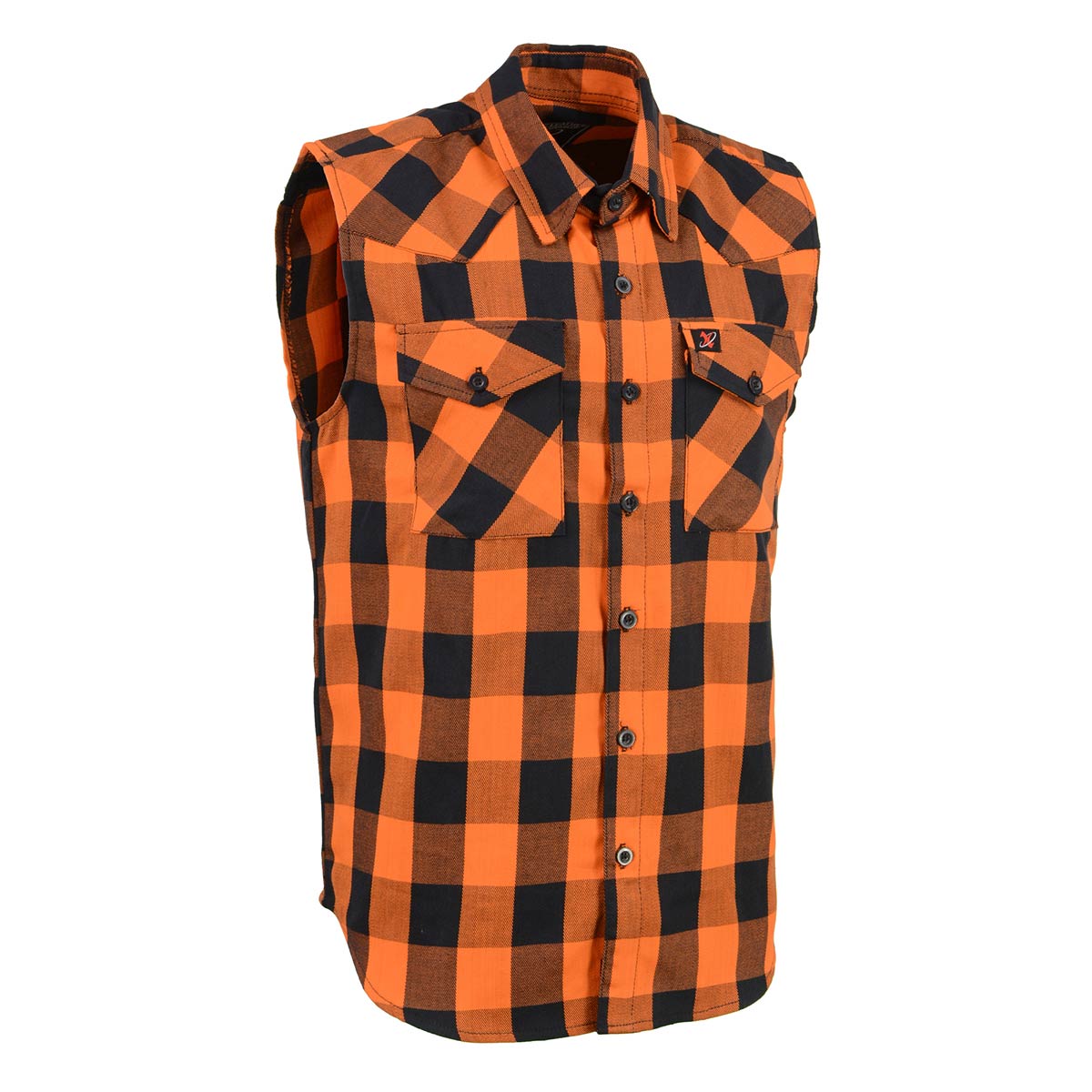 MPM1655 Men’s Classic Black and Orange Button-Down Flannel Cut Off Sleeveless Casual Shirt