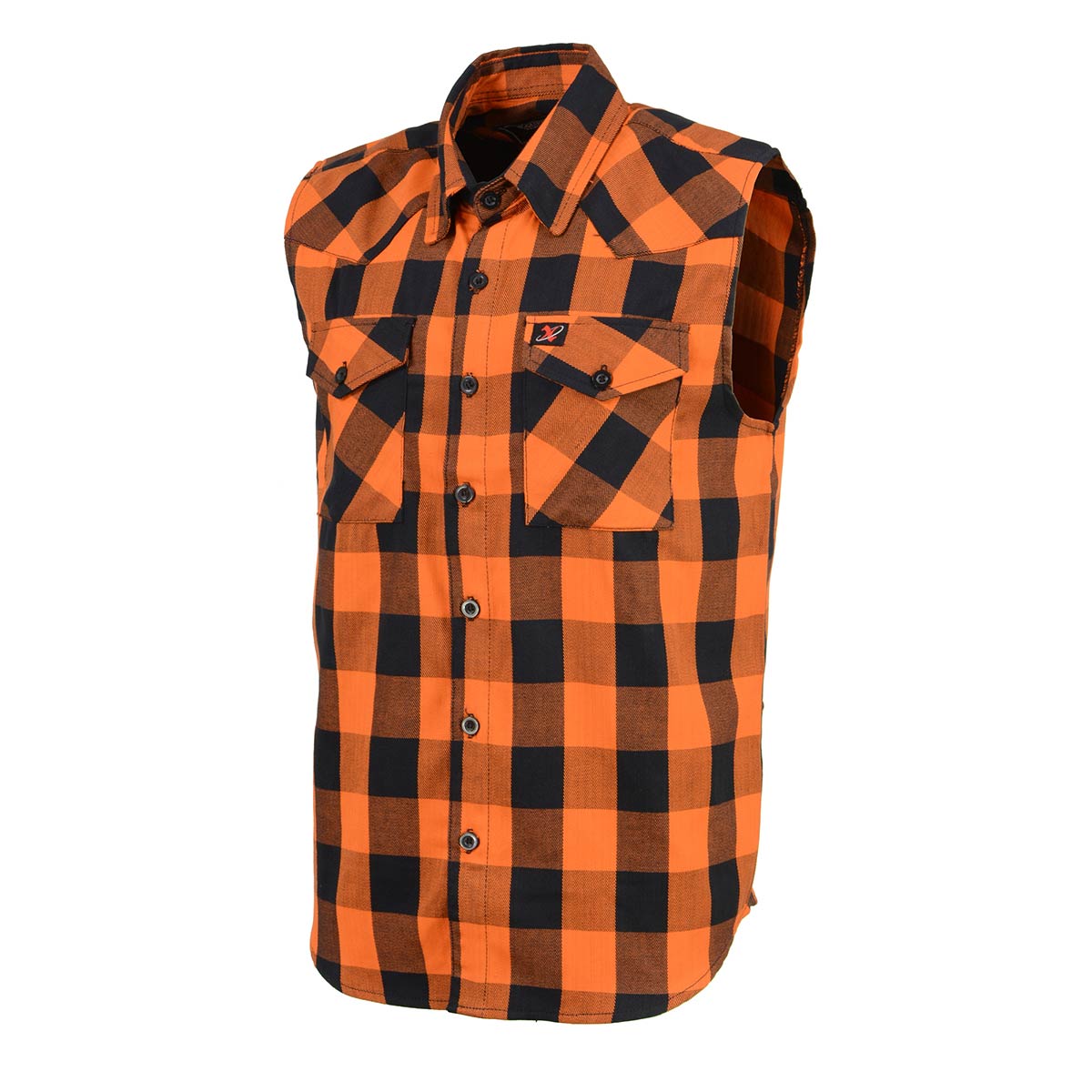 MPM1655 Men’s Classic Black and Orange Button-Down Flannel Cut Off Sleeveless Casual Shirt