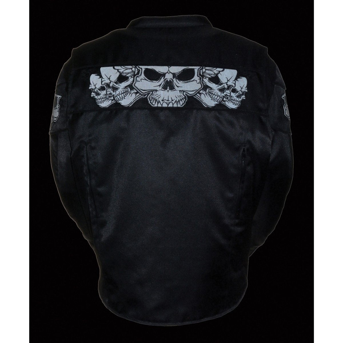 MPM1730 Black Padded Textile Motorcycle Jacket for Men w/ Reflective Skulls - All Season Motorcycle Jacket