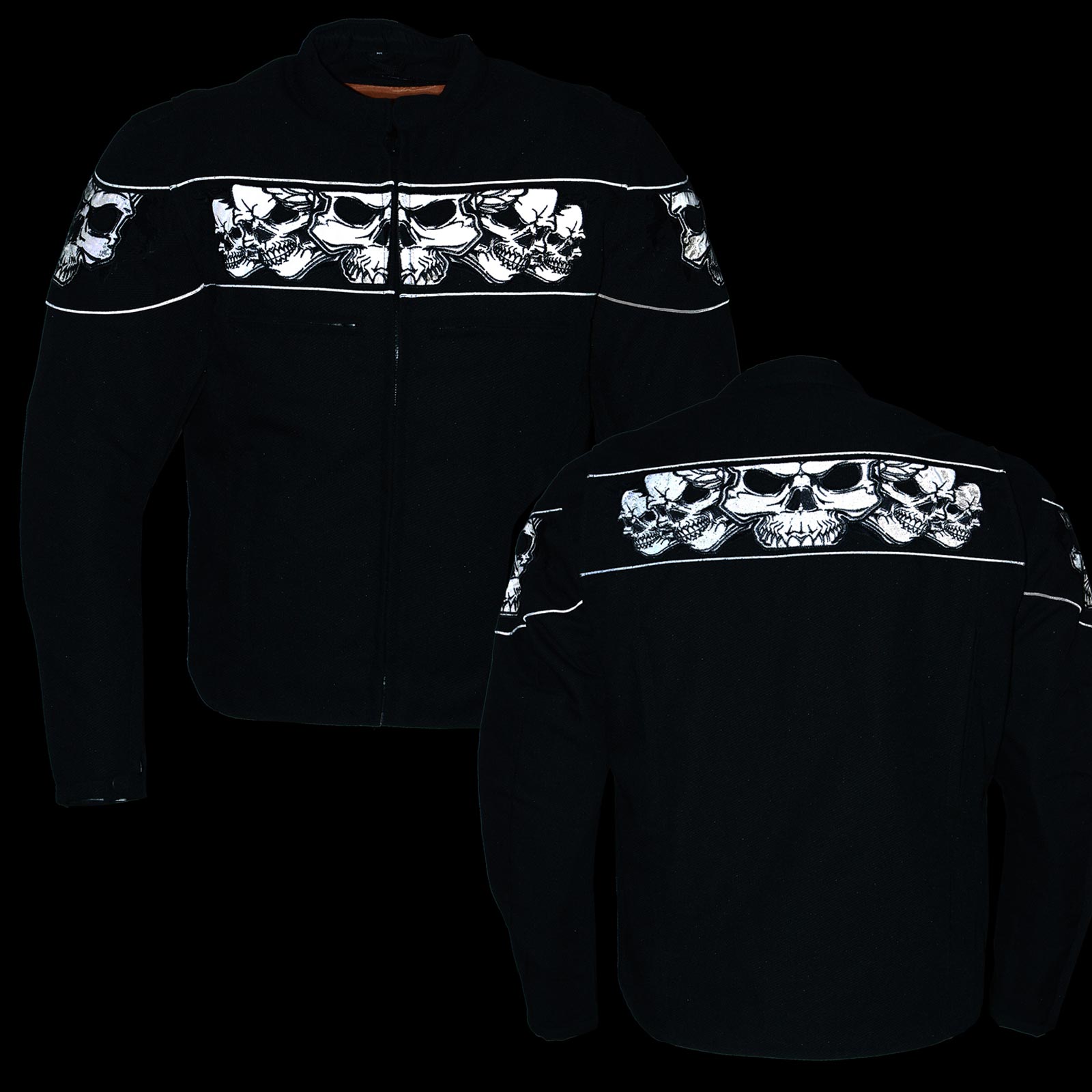 MPM1730 Black Padded Textile Motorcycle Jacket for Men w/ Reflective Skulls - All Season Motorcycle Jacket