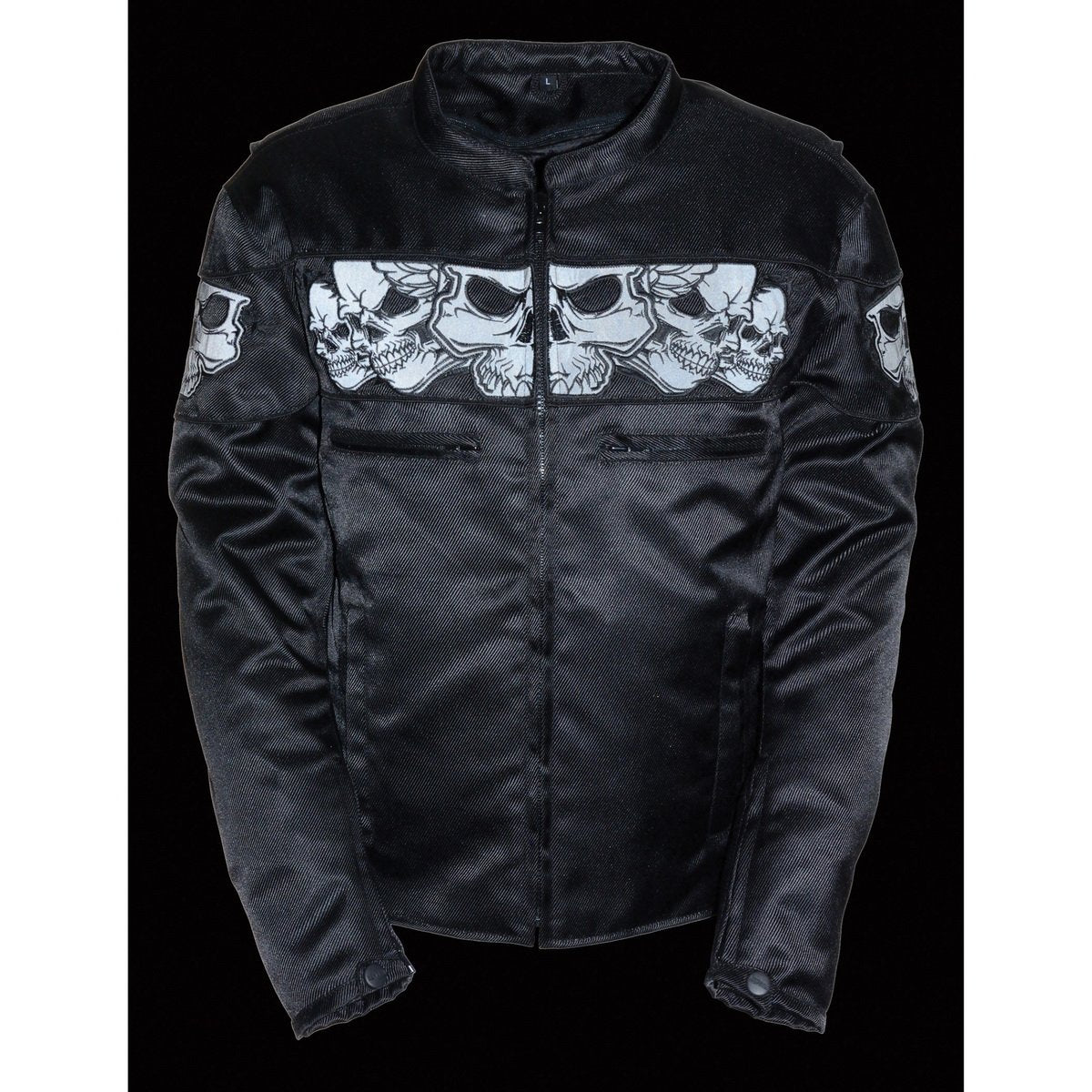 MPM1730 Black Padded Textile Motorcycle Jacket for Men w/ Reflective Skulls - All Season Motorcycle Jacket