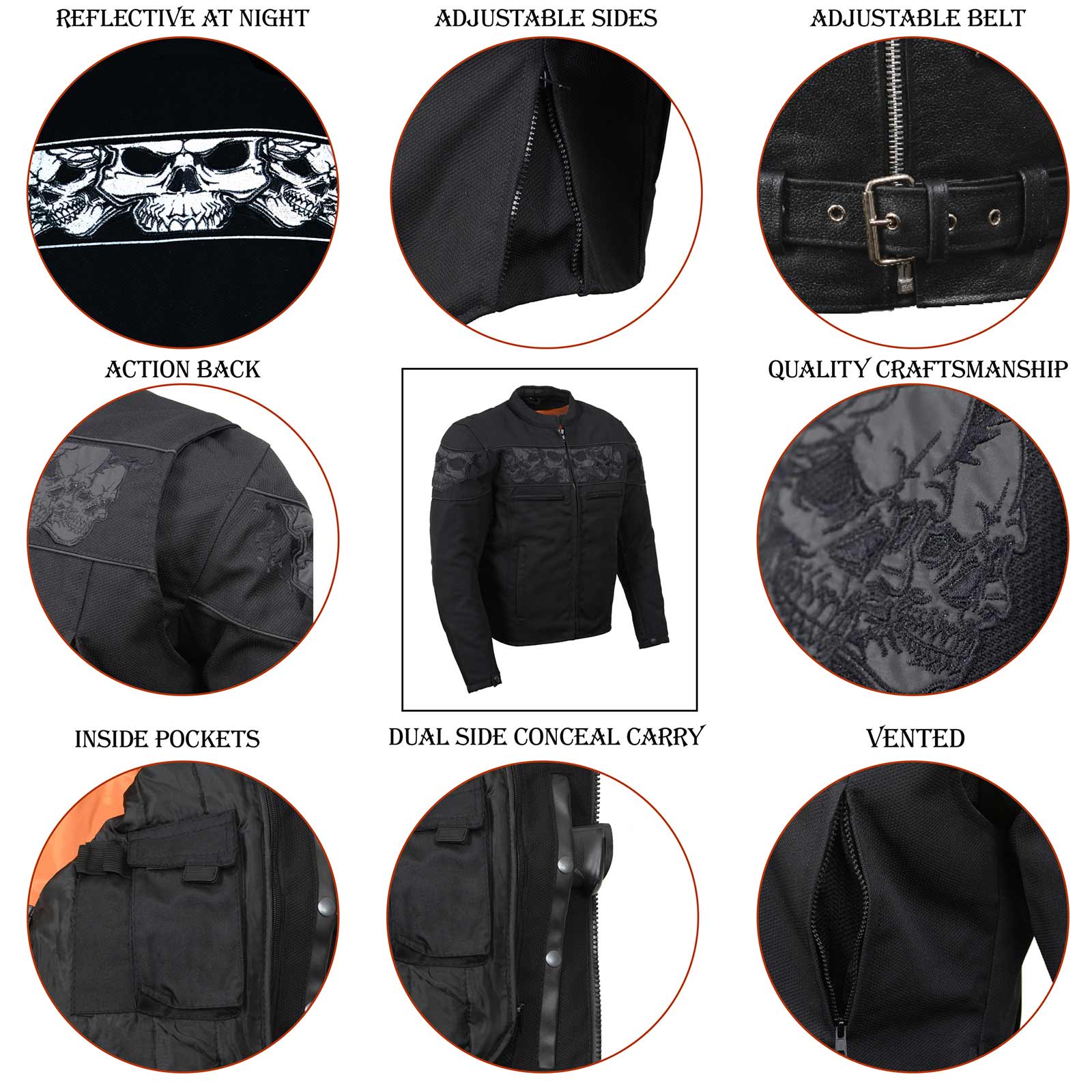 MPM1730 Black Padded Textile Motorcycle Jacket for Men w/ Reflective Skulls - All Season Motorcycle Jacket