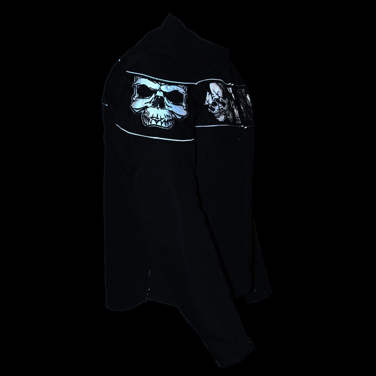 MPM1730 Black Padded Textile Motorcycle Jacket for Men w/ Reflective Skulls - All Season Motorcycle Jacket